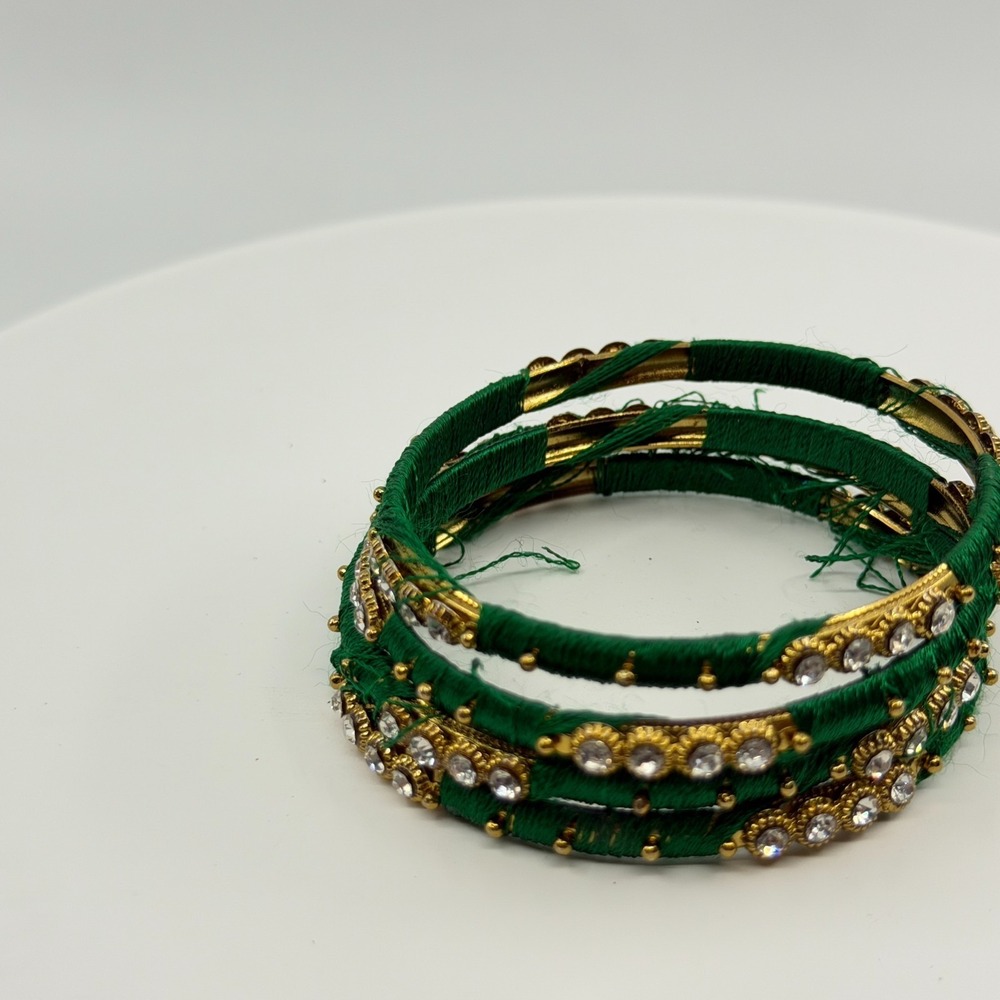 Y2K Emerald Green Rhinestone & Gold-Tone Thread-Wrapped Bangle Set - Picture 7 of 11